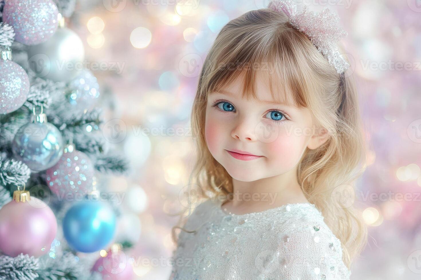 A joyful child with sparkling blue eyes standing beside a beautifully decorated pastel Christmas tree adorned with colorful ornaments photo