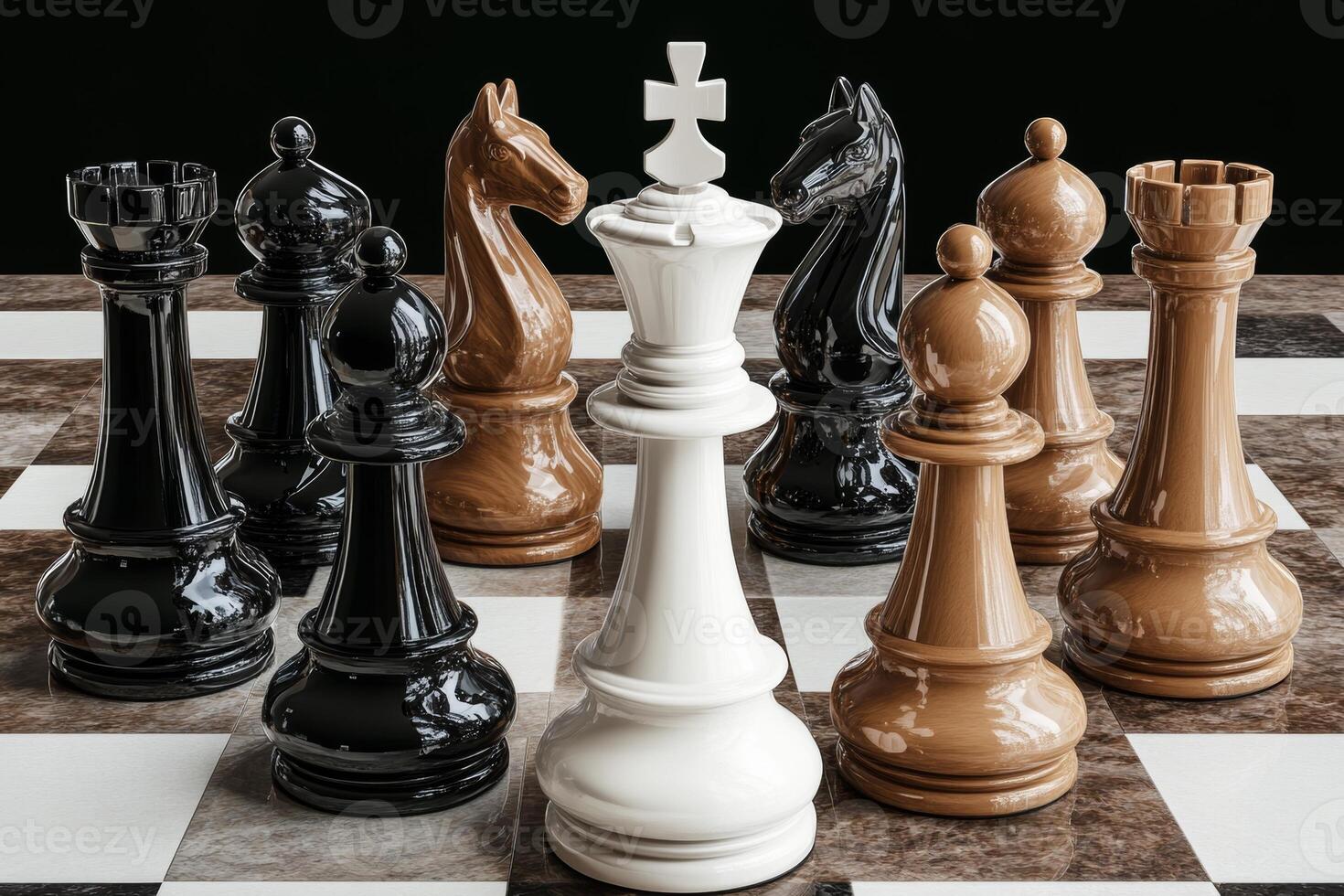 A close-up view of an intense chess match with various pieces in strategic positions during an ongoing game photo