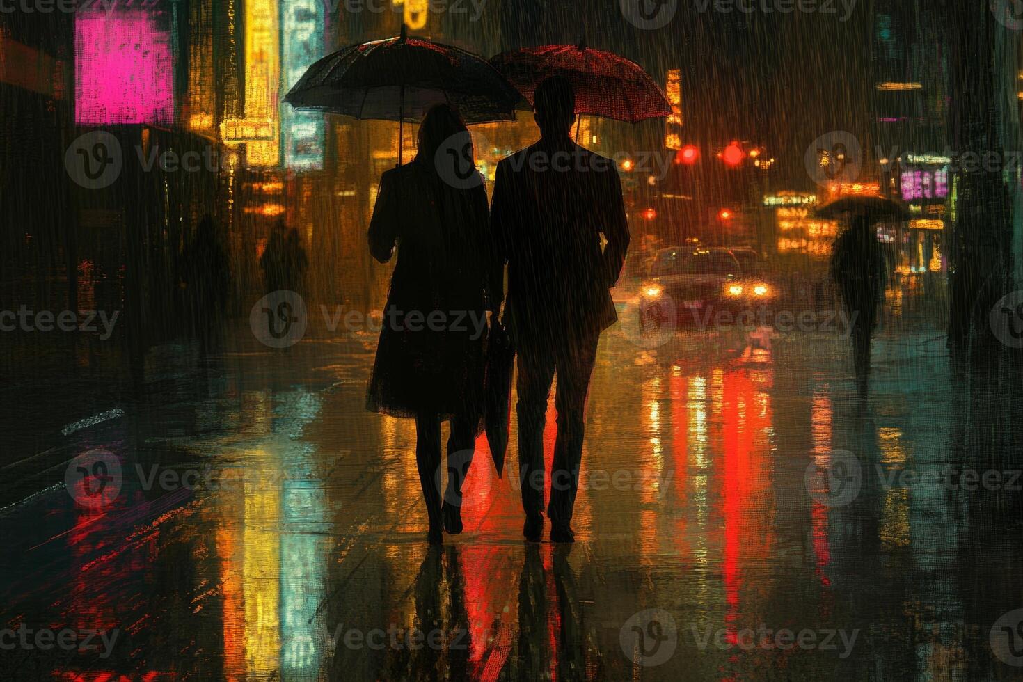 A couple walks hand in hand under umbrellas on a rainy city street at night, illuminated by the glow of neon lights photo
