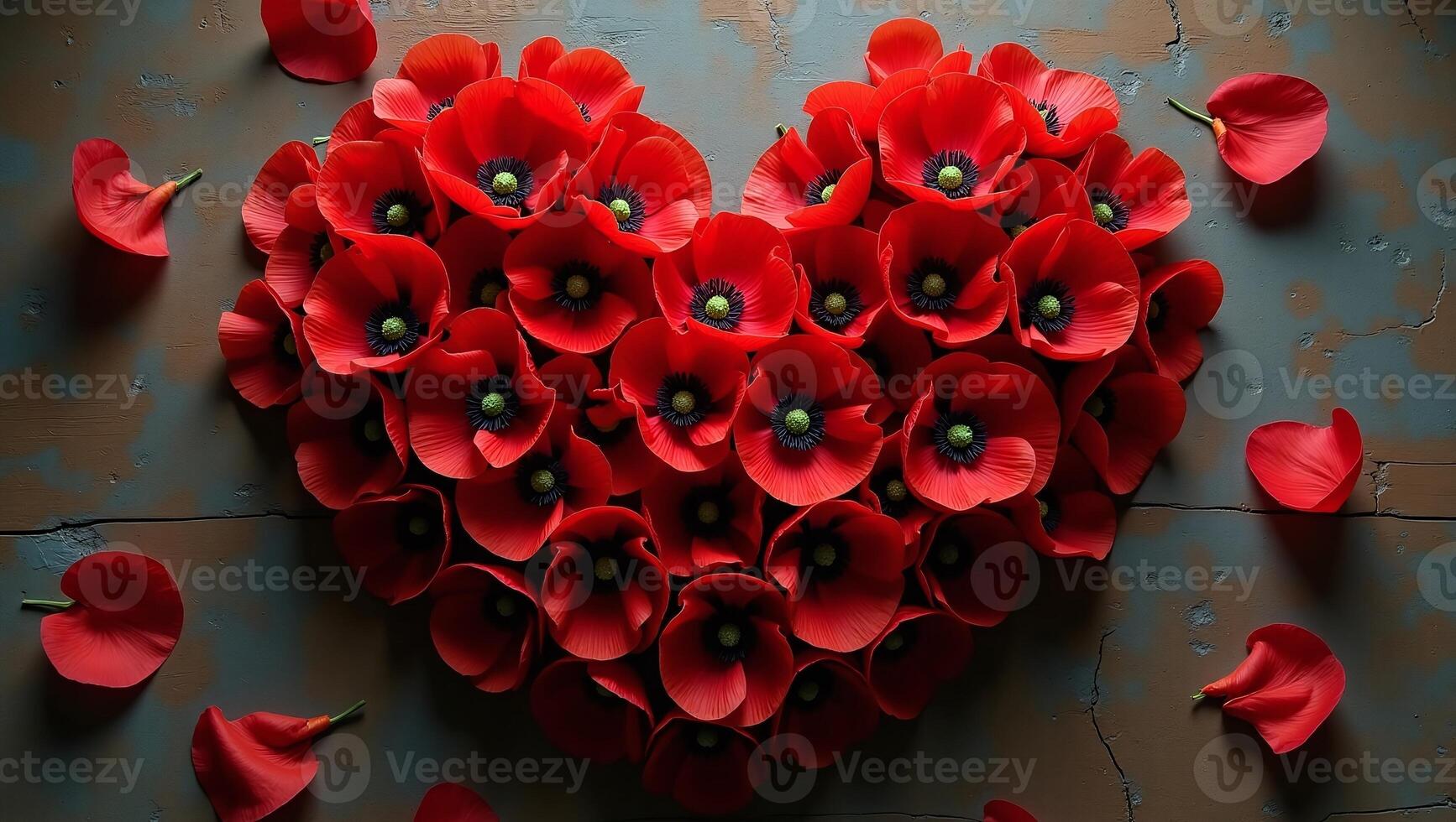 Heart Shaped Poppy Flower Arrangement on Weathered Surface photo