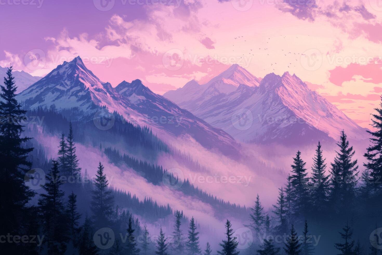 Serene mountain landscape at dawn with mist over pine forests and snow-capped peaks under soft pink and purple skies photo