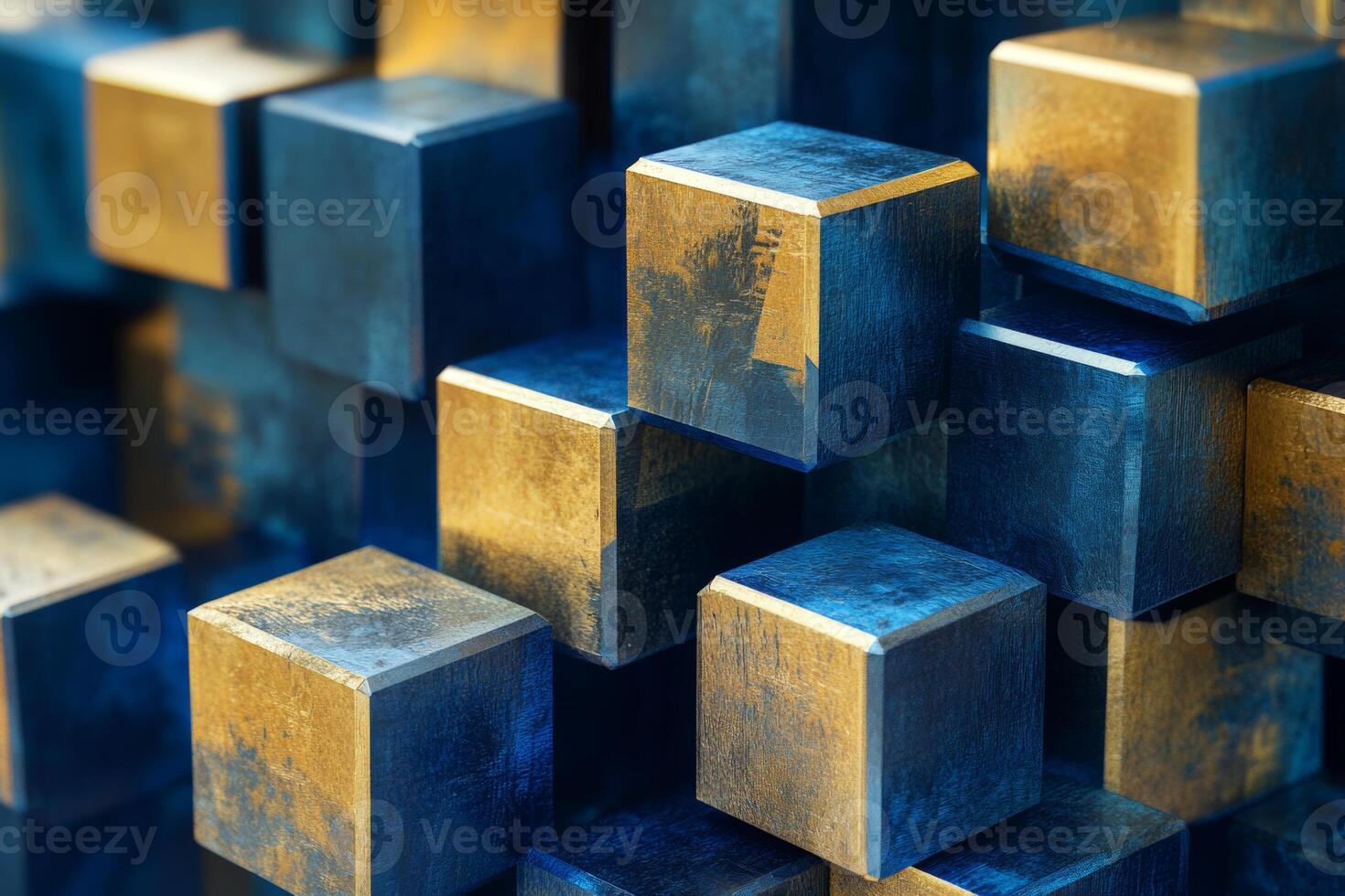 Futuristic geometric composition featuring abstract blue and gold cubes in a dynamic arrangement photo