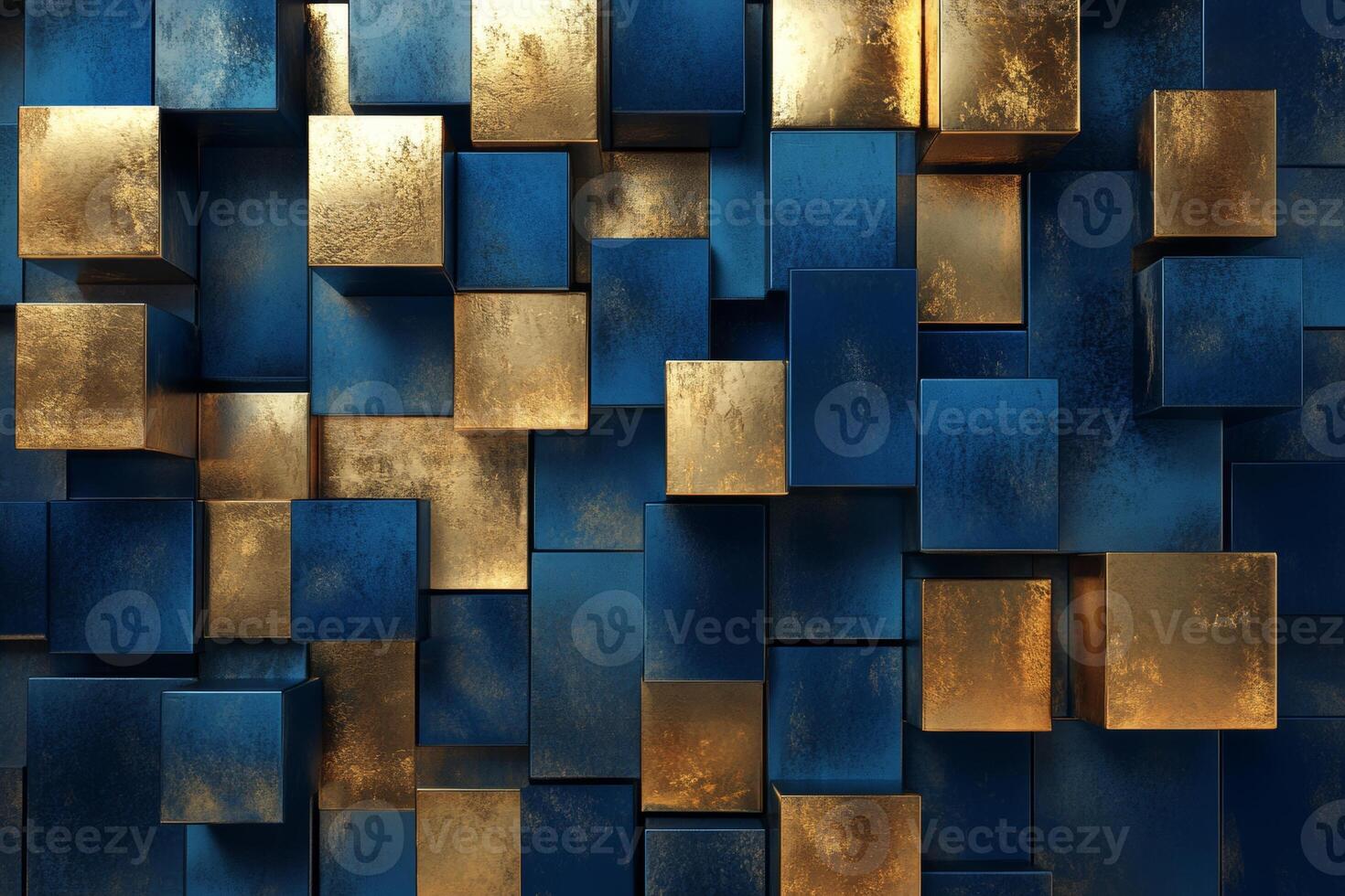 Futuristic abstract composition of blue and gold cubes creating a geometric landscape with a modern aesthetic photo