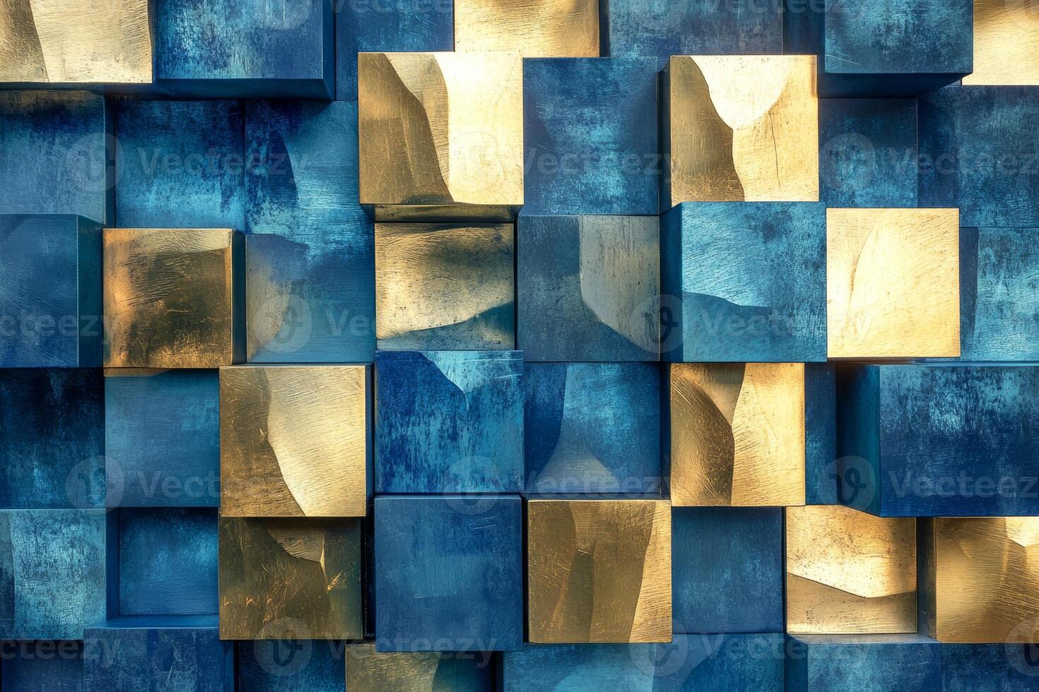 Futuristic abstract composition featuring geometric blue and gold cubes with a sleek, modern aesthetic enhancing visual depth photo