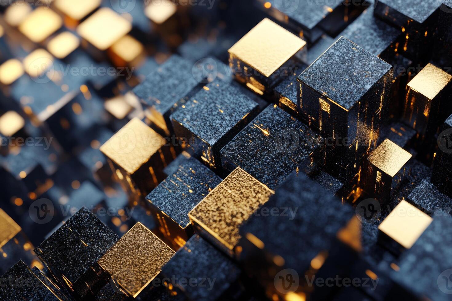 Futuristic geometric composition of abstract blue and gold cubes in a detailed 3D arrangement showcasing depth and structure photo