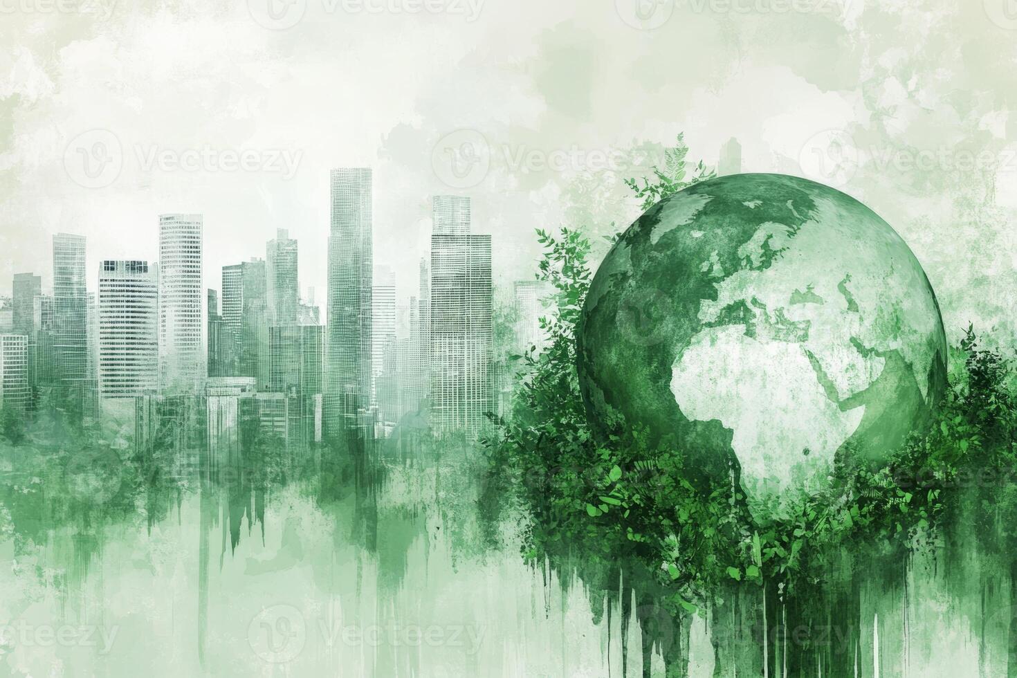 An abstract illustration of an eco-friendly earth surrounded by a vibrant cityscape and lush greenery representing sustainability and harmony photo