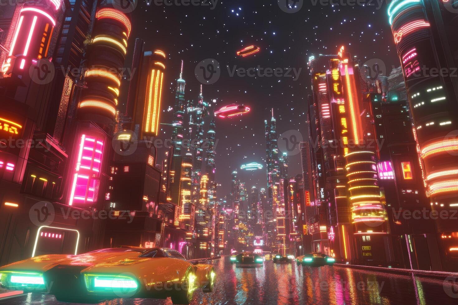A vibrant abstract futuristic city with sleek buildings, neon lights, flying cars, and a star-filled dark sky at night photo