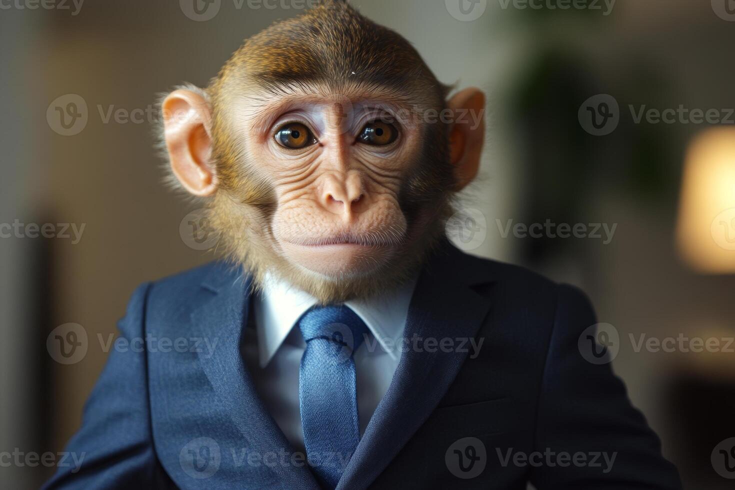 A monkey dressed in a formal suit engages in business activities at a modern office setting during daytime photo