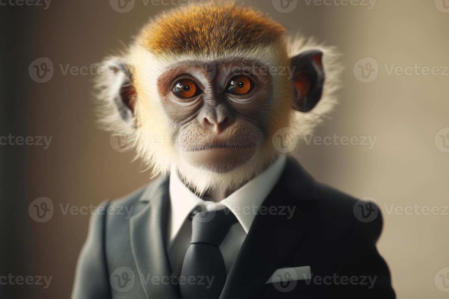 A business executive monkey dressed in a formal suit poses confidently in a modern office environment during daylight hours photo