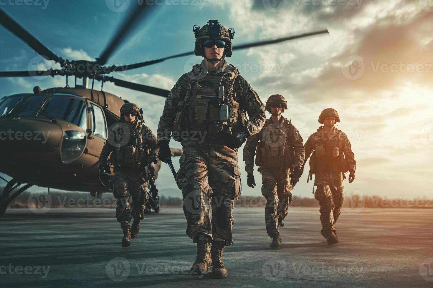 Military personnel equipped for deployment exiting helicopter at sunset photo