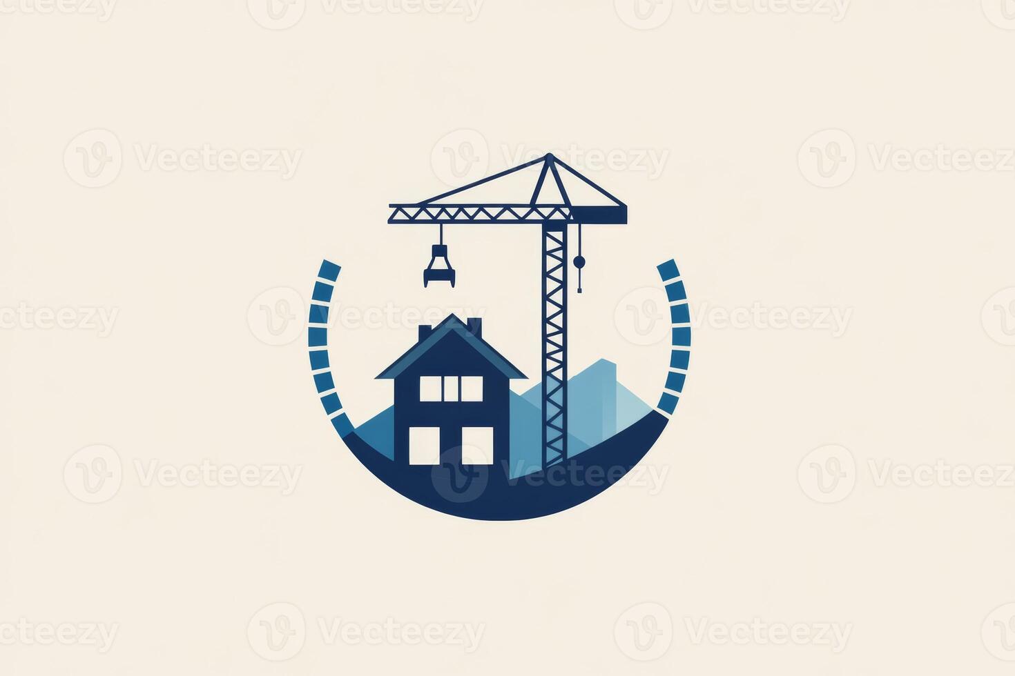 Modern construction company logo design featuring a house and crane in blue and gray tones representing reliability and quality photo
