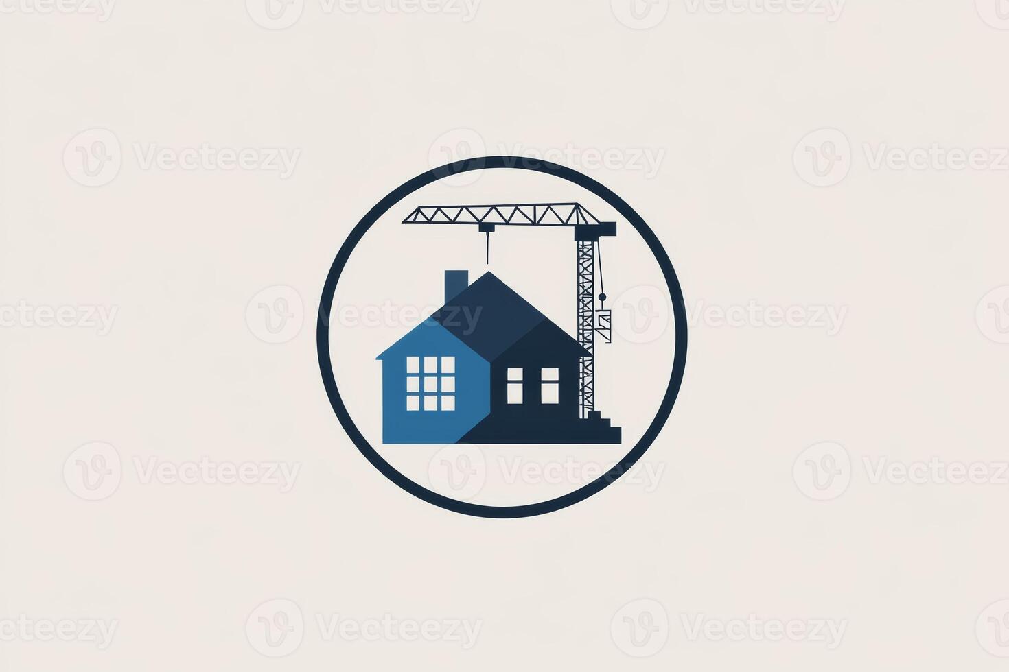 Modern construction company logo featuring a crane and house silhouette in blue and gray tones, symbolizing reliability and quality photo
