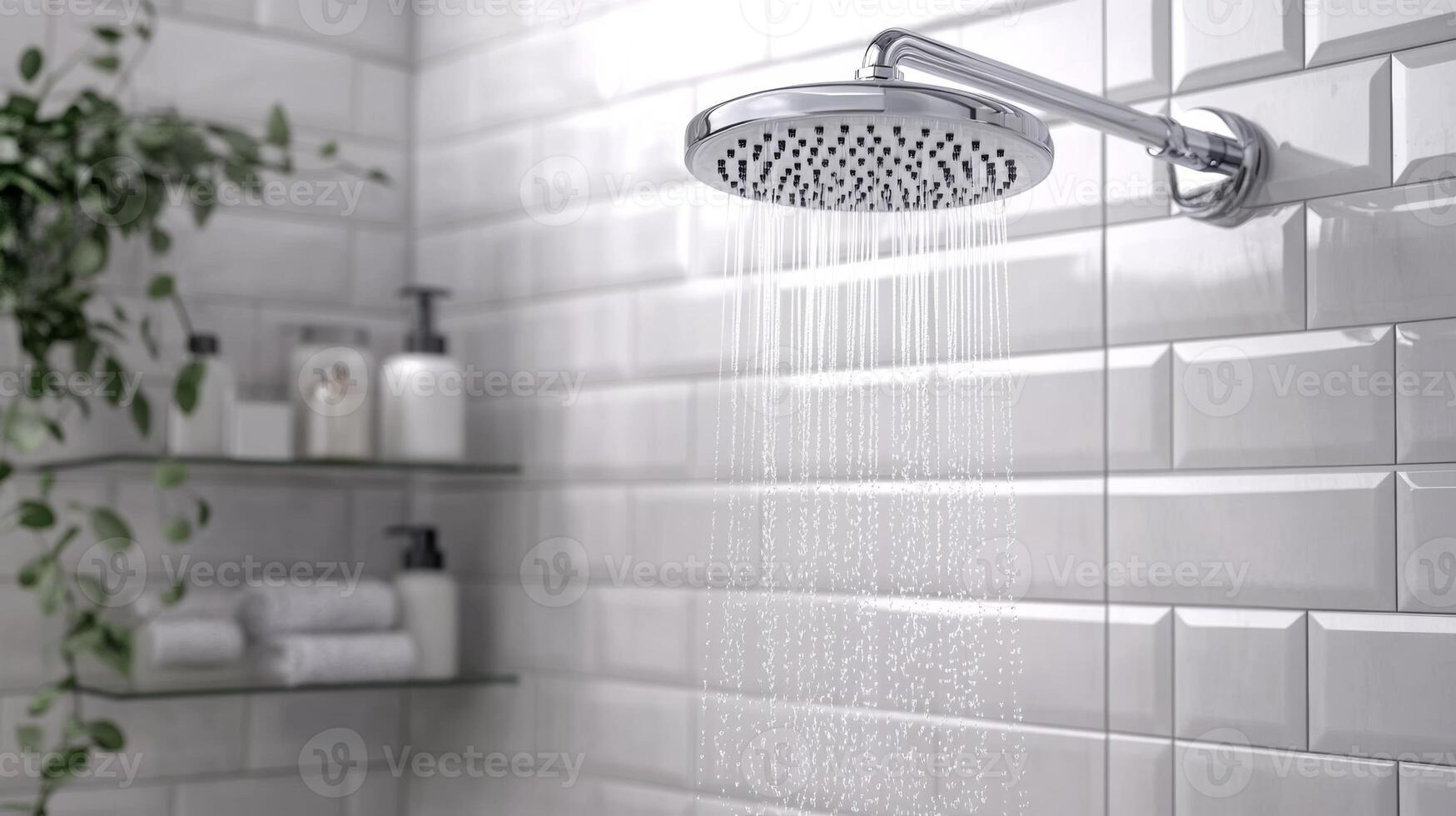 Modern minimalist bathroom with a sleek shower head and neatly arranged toiletries in a fresh, inviting atmosphere photo