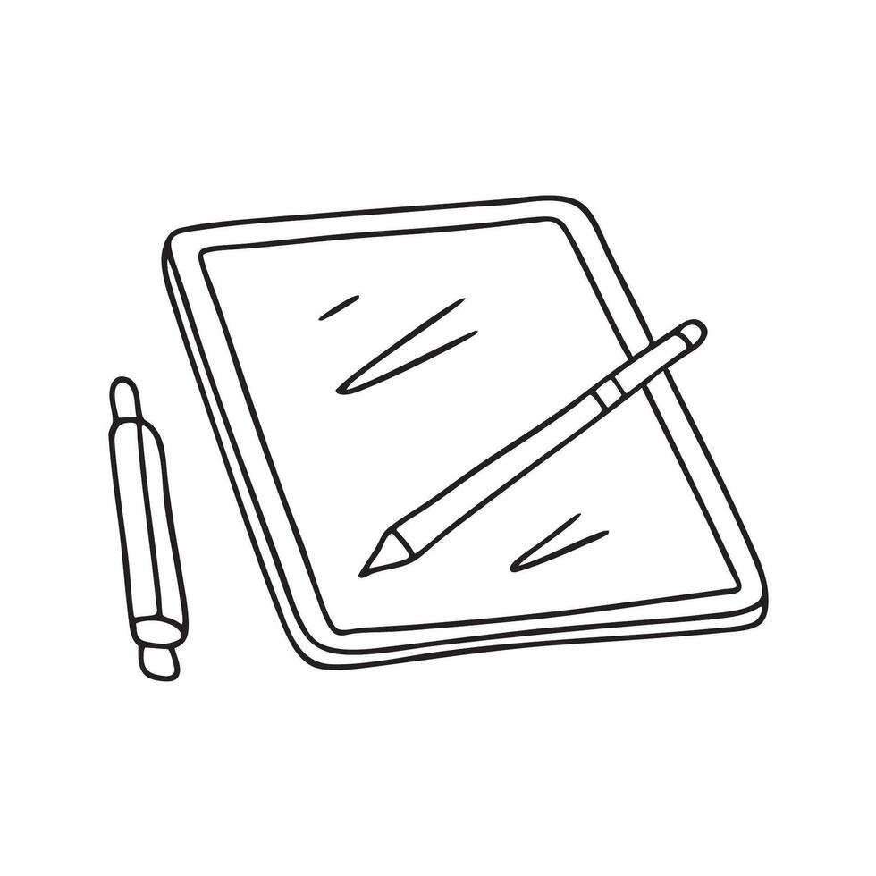 A tablet lying beside a stylus on a desk vector