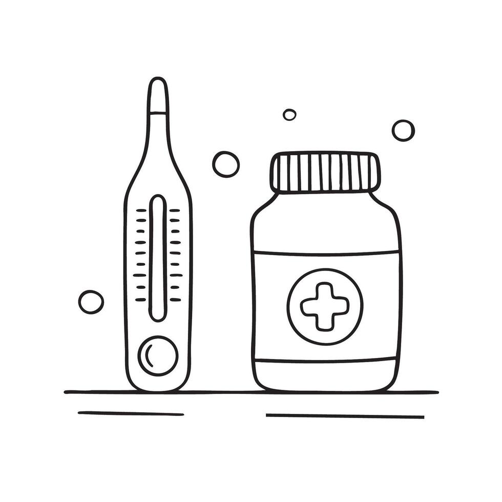 A thermometer beside a medicine bottle on the counter vector