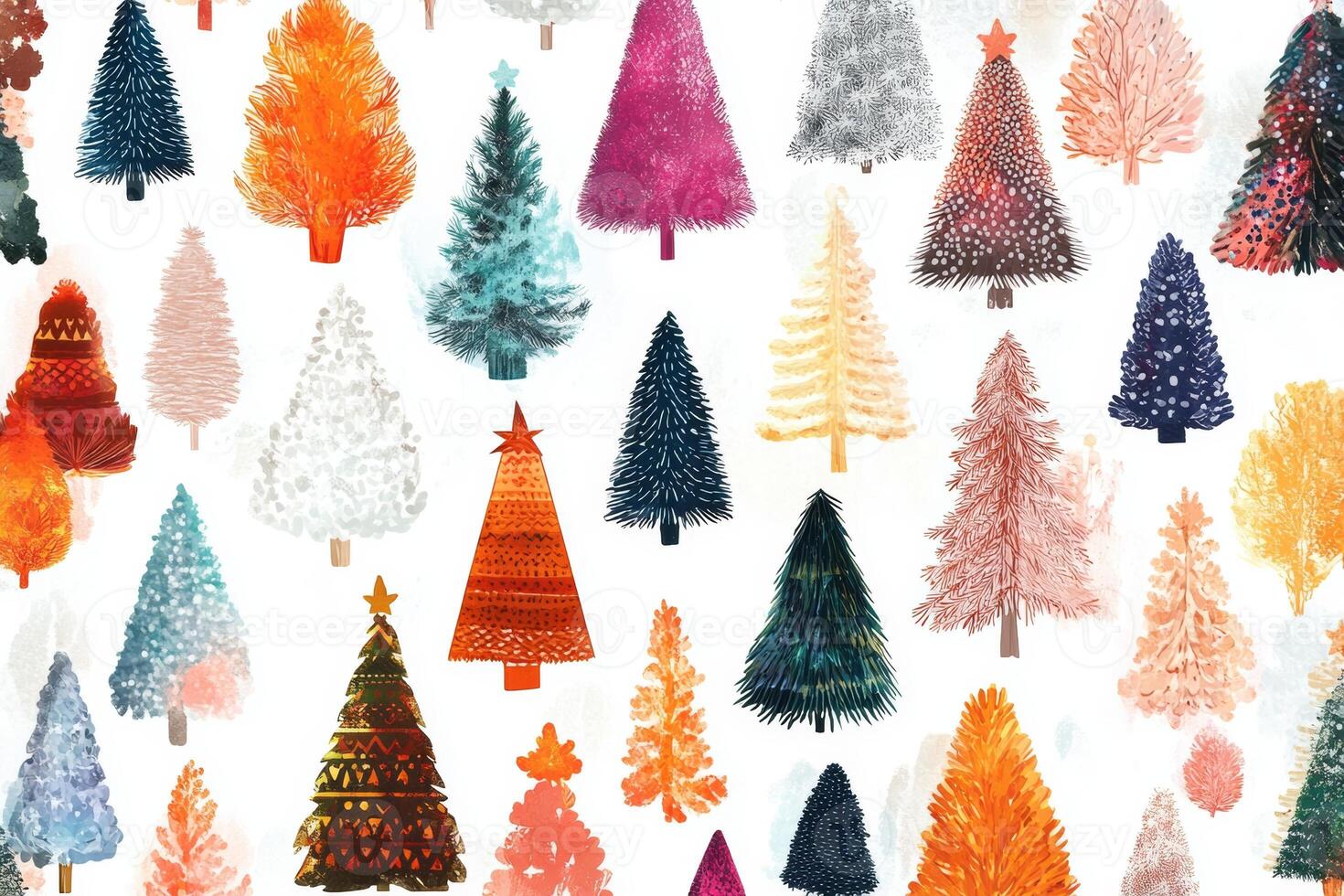 A vibrant seamless pattern of colorful Christmas trees in various styles on a bright white background, perfect for festive designs photo