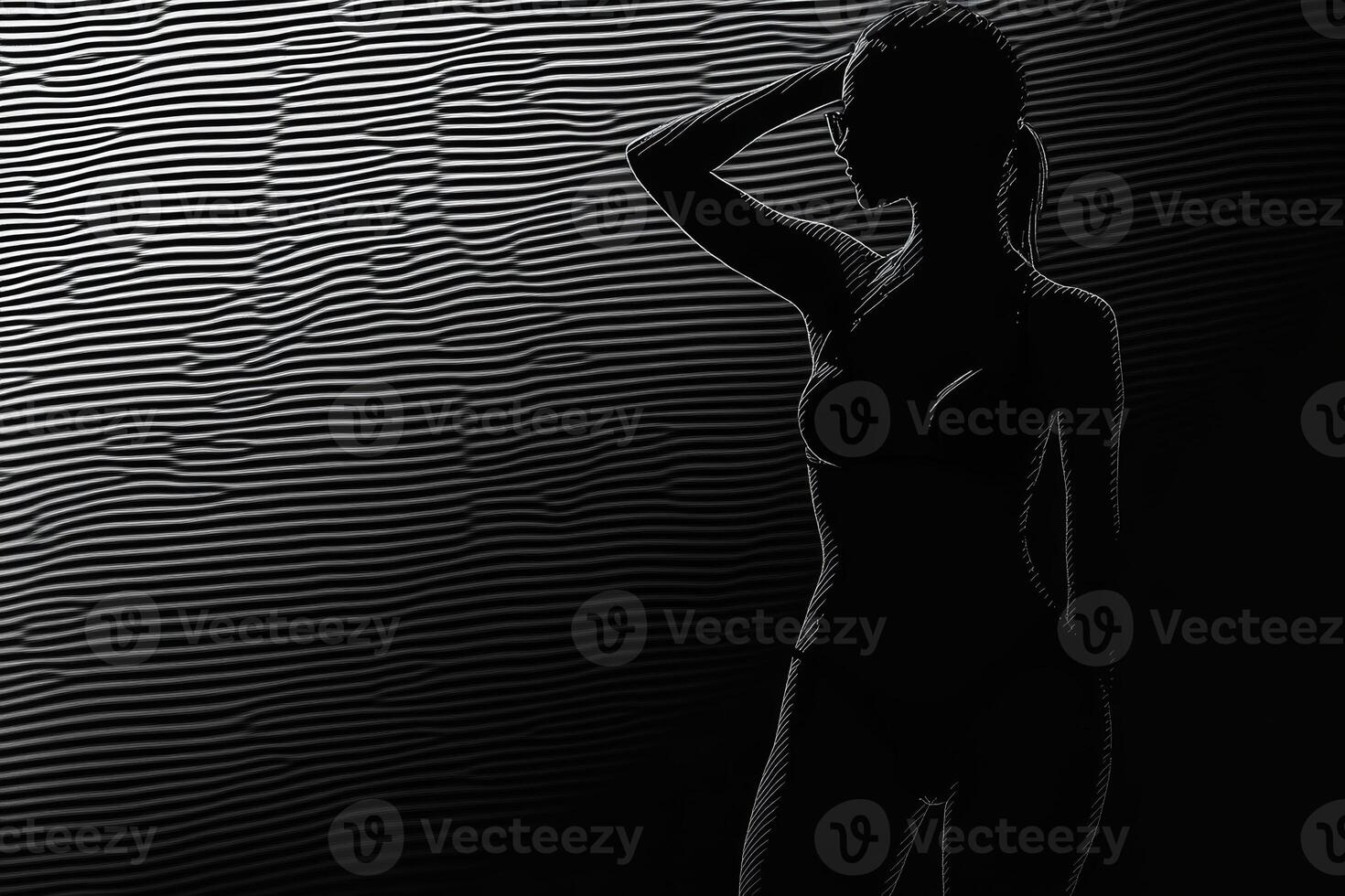 A graceful silhouette of a figure in a swimsuit striking a pose against a textured background of rippled lines photo