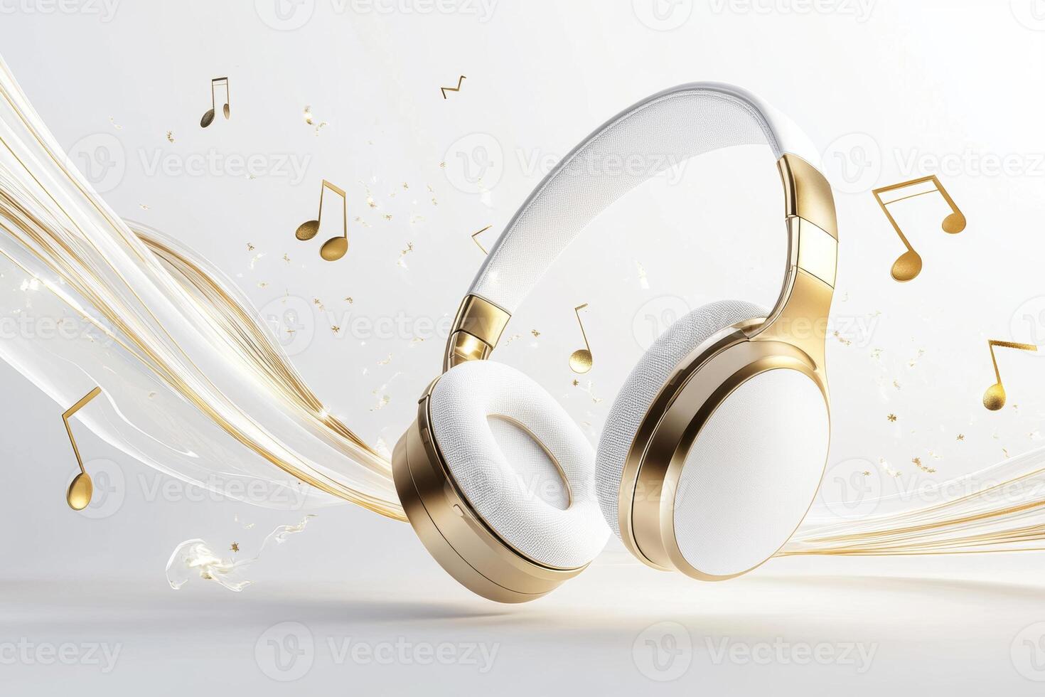 Elegant white and gold headphones surrounded by floating music notes against a light background, creating a modern audio experience photo