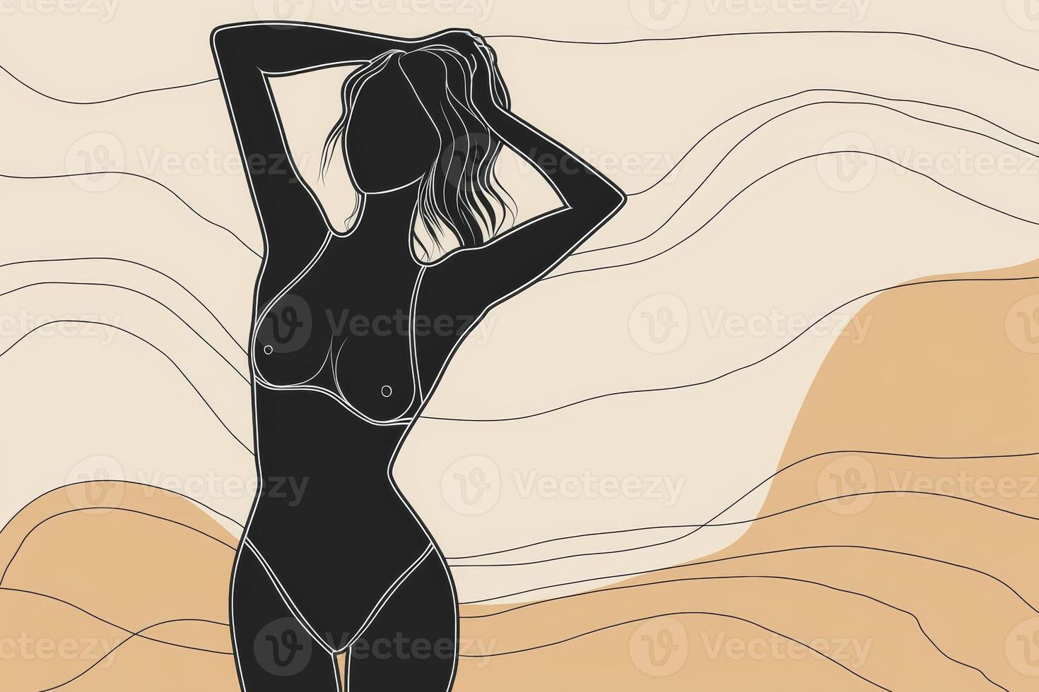 Elegant swimsuit silhouette depicted with thin lines against a soft, abstract beach background during a sunny day photo