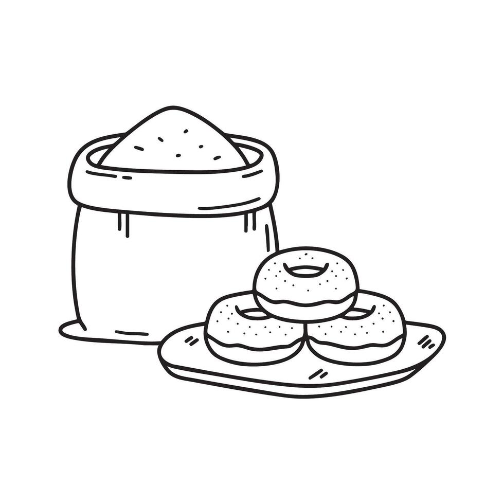 A tapioca flour sack beside freshly fried donuts on a wire rack vector