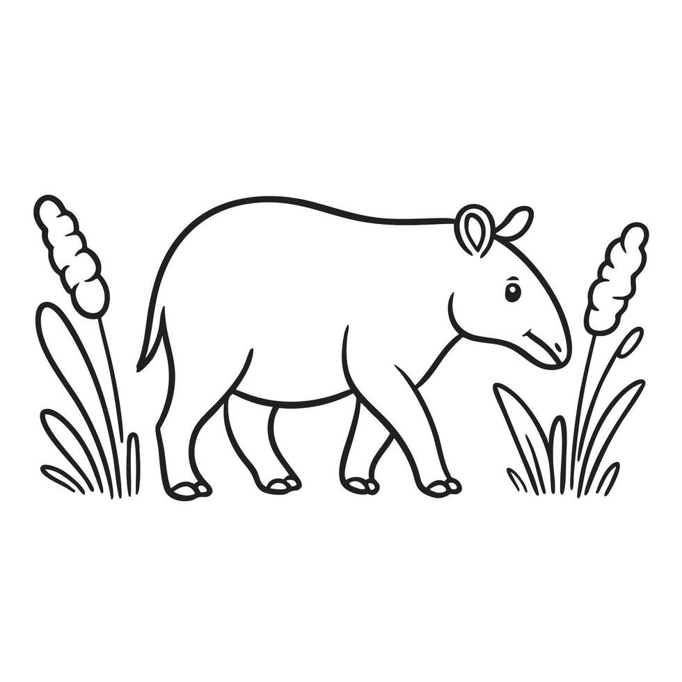 A tapir walking near tall grass in a forest clearing vector