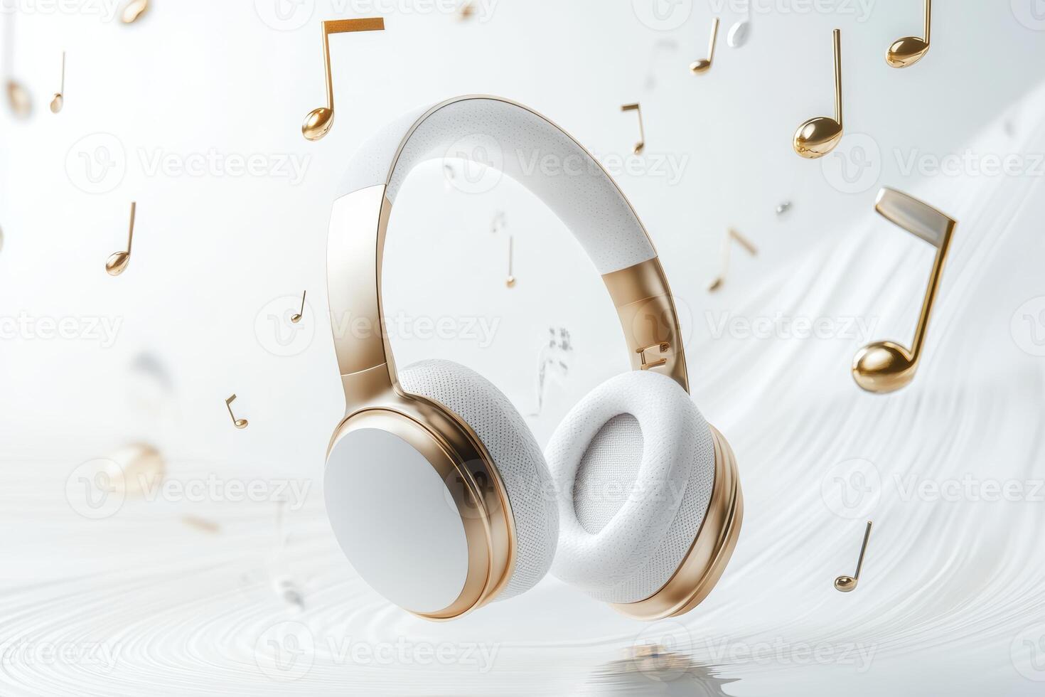 Stylish white and gold headphones with floating music notes create an elegant atmosphere in a modern design setting photo