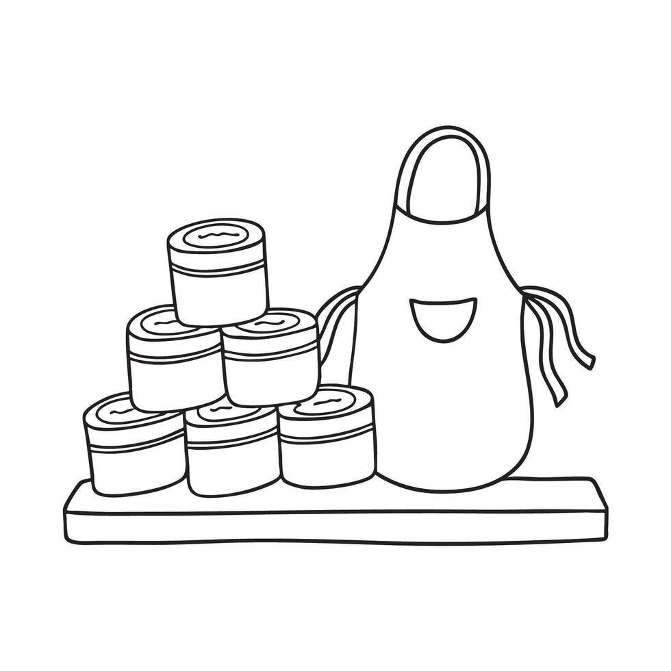 A stack tins and cans lying beside an apron vector