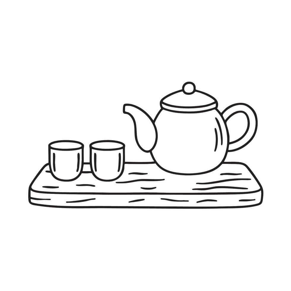 A teapot placed beside two teacups on a wooden tray vector