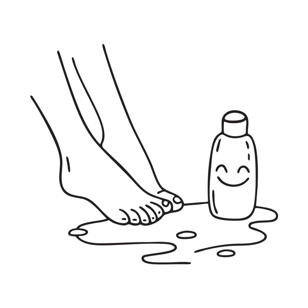 A toe resting near a spilled lotion bottle on the floor vector