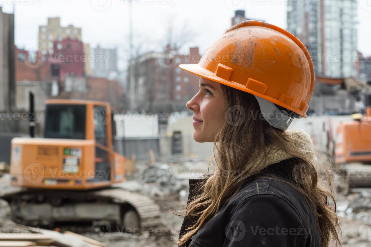 Woman in hard hat observes construction site with heavy equipment and buildings in the background during a workday photo