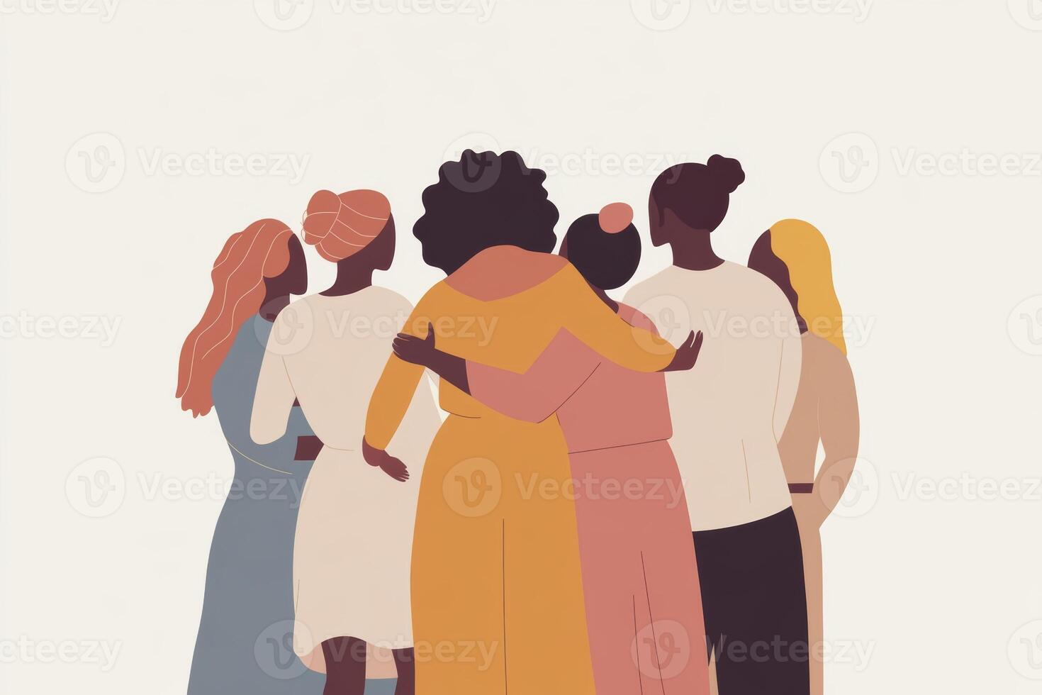 A diverse group of friends embracing each other in a show of support against a soft background during a sunny day photo