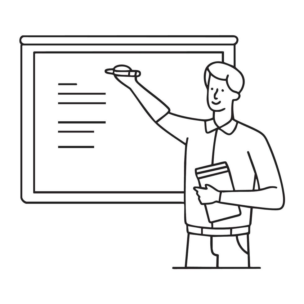 A teacher writing on a whiteboard with marker while hold book vector