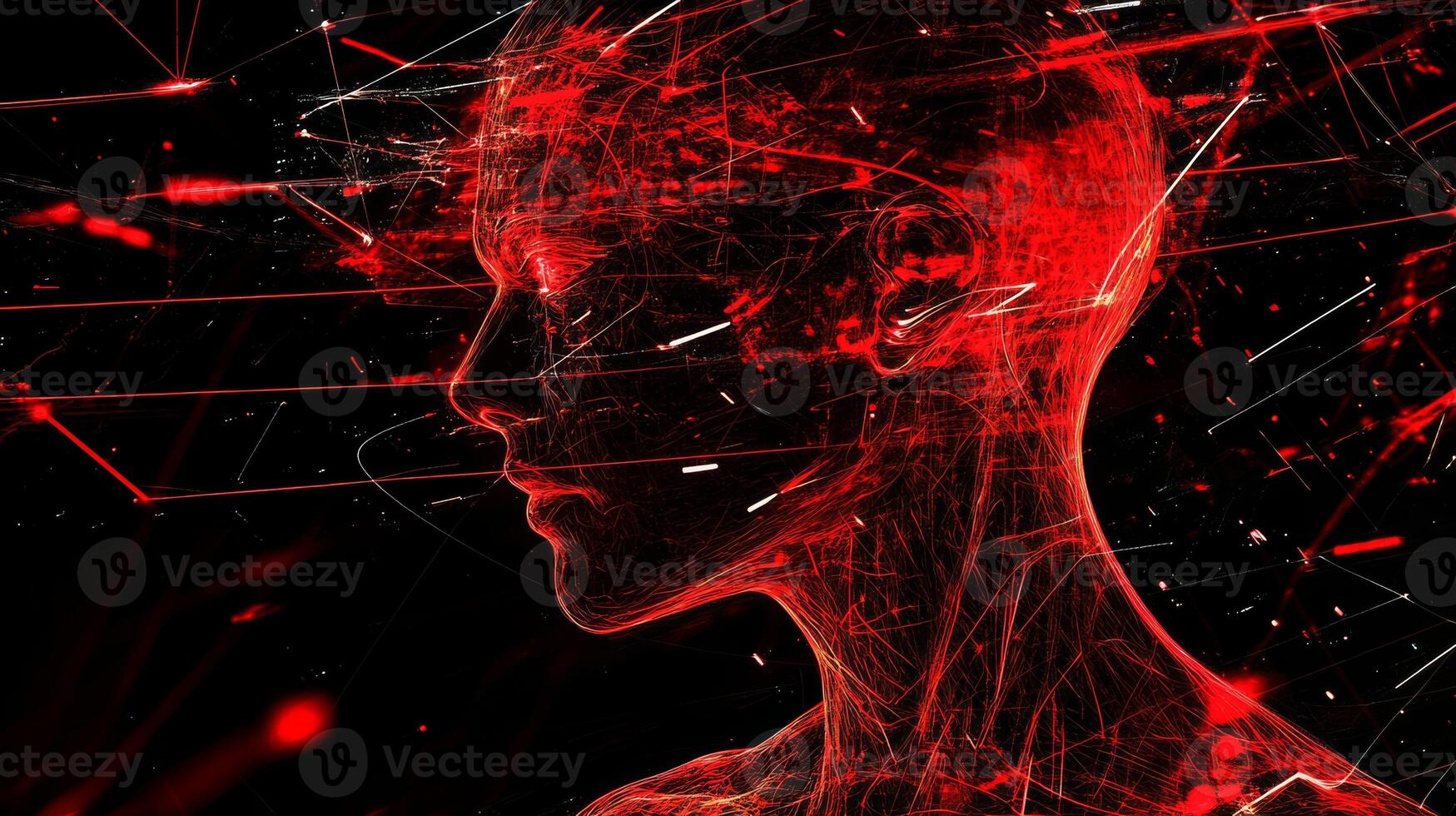 Abstract digital art depicting a human figure with glowing red lines in a futuristic cyber theme emphasizing a technological essence photo