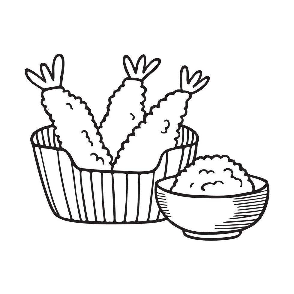 A tempura basket placed beside a bowl of rice vector