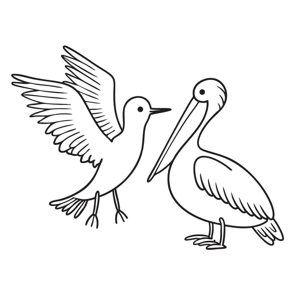 A tern flapping wings beside a resting pelican vector