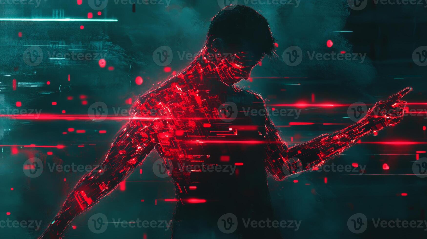A futuristic digital representation of a human figure highlighted by glowing red lines against a cyber-inspired backdrop photo