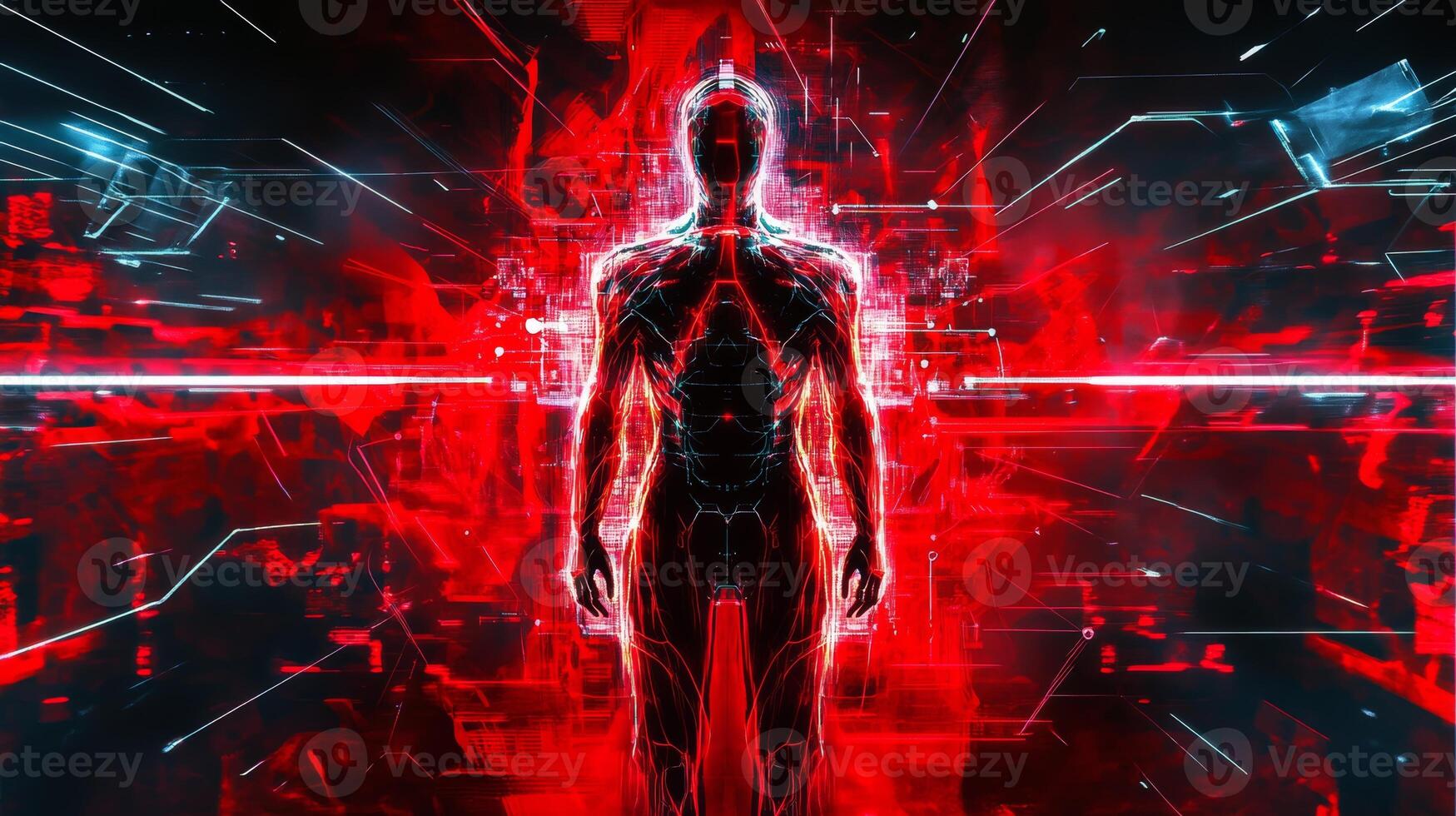 Futuristic human figure illuminated by glowing red lines in a cybernetic landscape with dynamic energy patterns photo
