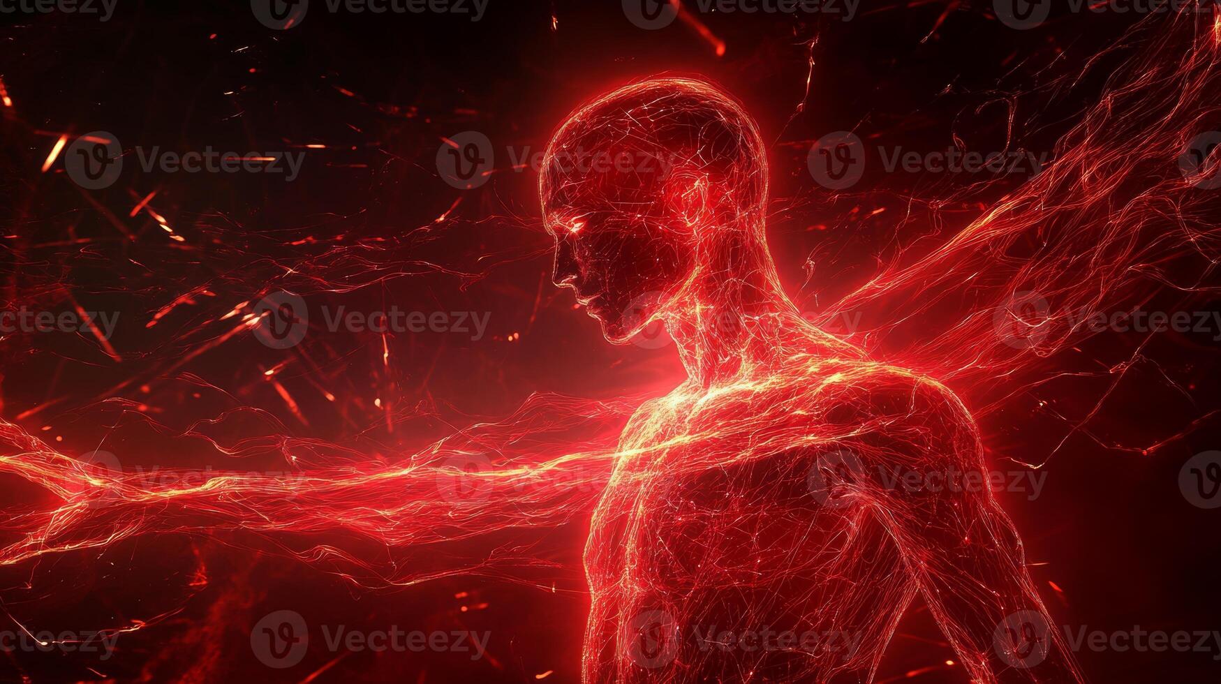 Futuristic cyber-themed art featuring a human figure adorned with glowing red lines embodying energy and motion in a digital landscape photo