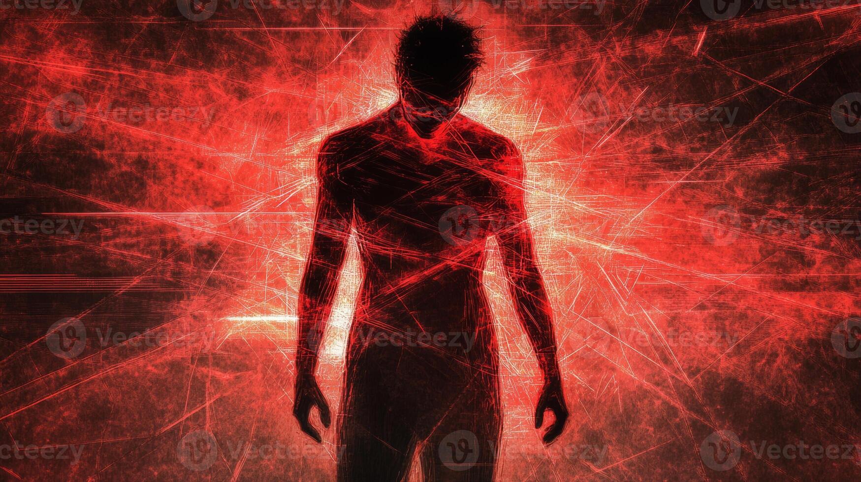 Futuristic digital art of a human figure enveloped by glowing red lines, embodying a cyber theme in a dynamic abstract composition photo