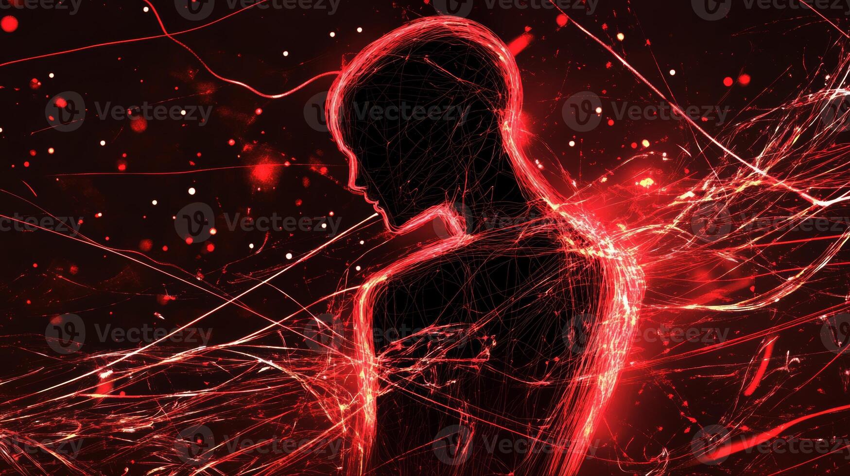 Futuristic abstract art depicting a human figure illuminated by glowing red lines in a cyber-themed environment photo