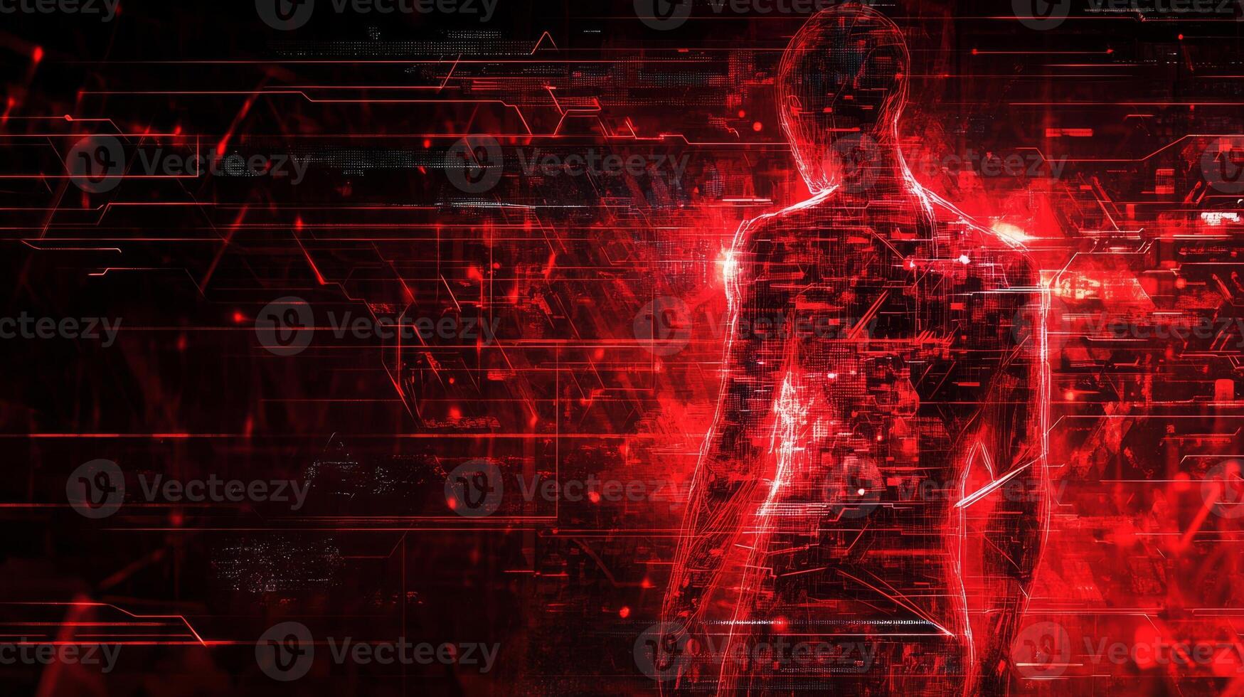 Futuristic human figure enveloped in glowing red lines within a cybernetic landscape photo