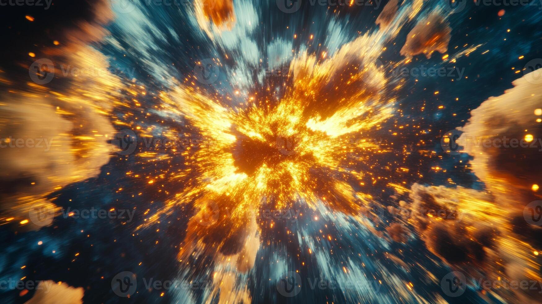 Dynamic explosion of vibrant yellow and blue lines radiating from the center with high energy and movement in a colorful display photo
