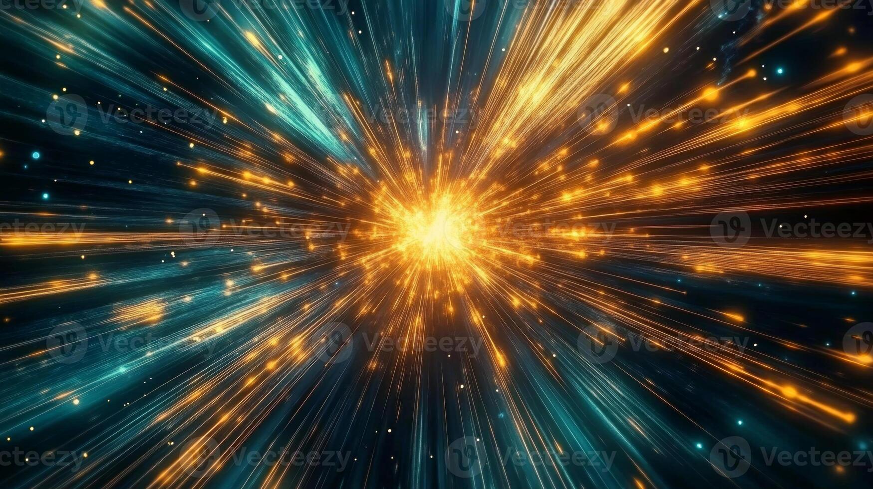 Dynamic burst of yellow and blue lines radiating from a central point, creating an energetic and abstract visual display photo