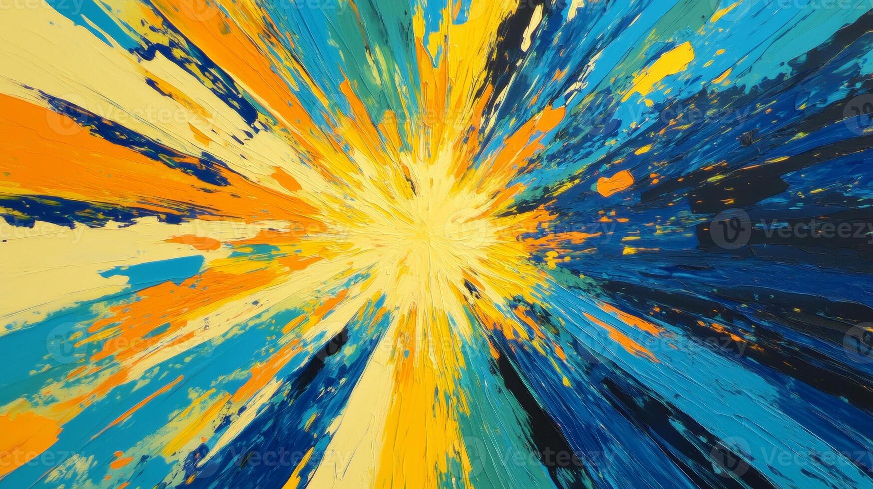 Dynamic explosion of yellow and blue lines radiating outward with high energy and vibrant movement in an abstract design photo