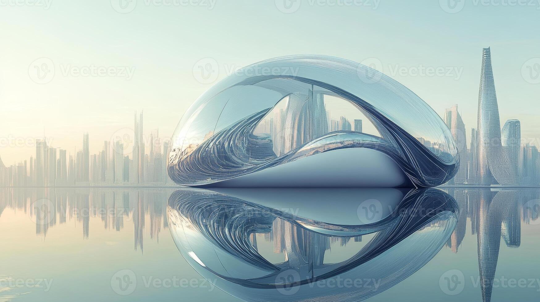 Futuristic glass infinity structure reflecting modern cityscape in early morning light with sleek architectural design photo