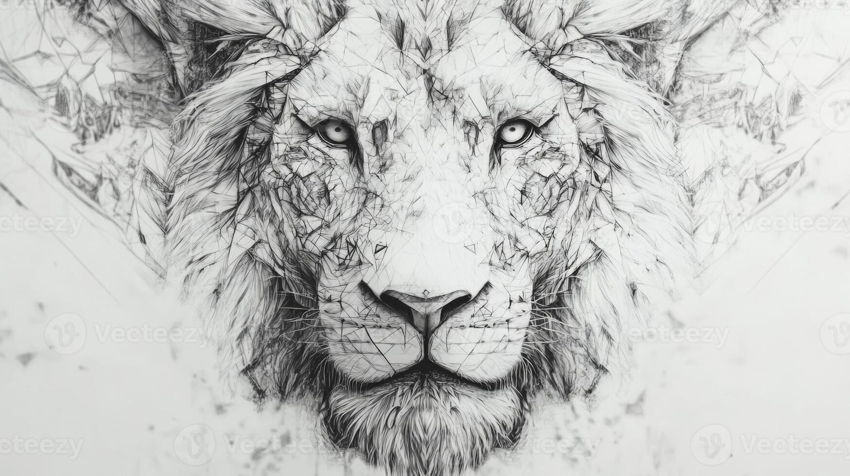 Intricate black and white sketch of a lion's face featuring geometric designs, emphasizing its majestic power in a tattoo-inspired style photo