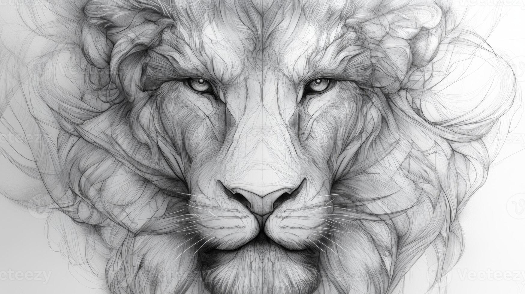 Intricate black and white sketch of a lion's face showcasing geometric patterns and tattoo elements with majestic detail photo