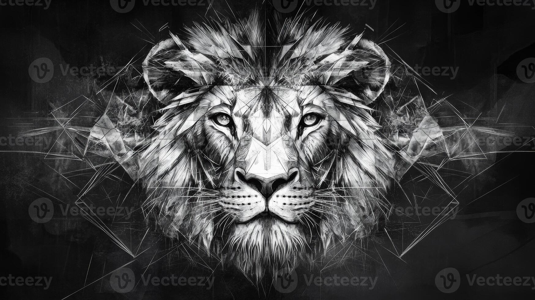 Intricate black and white sketch of a lion's face featuring geometric shapes and tattoo-style details, showcasing its majestic power photo