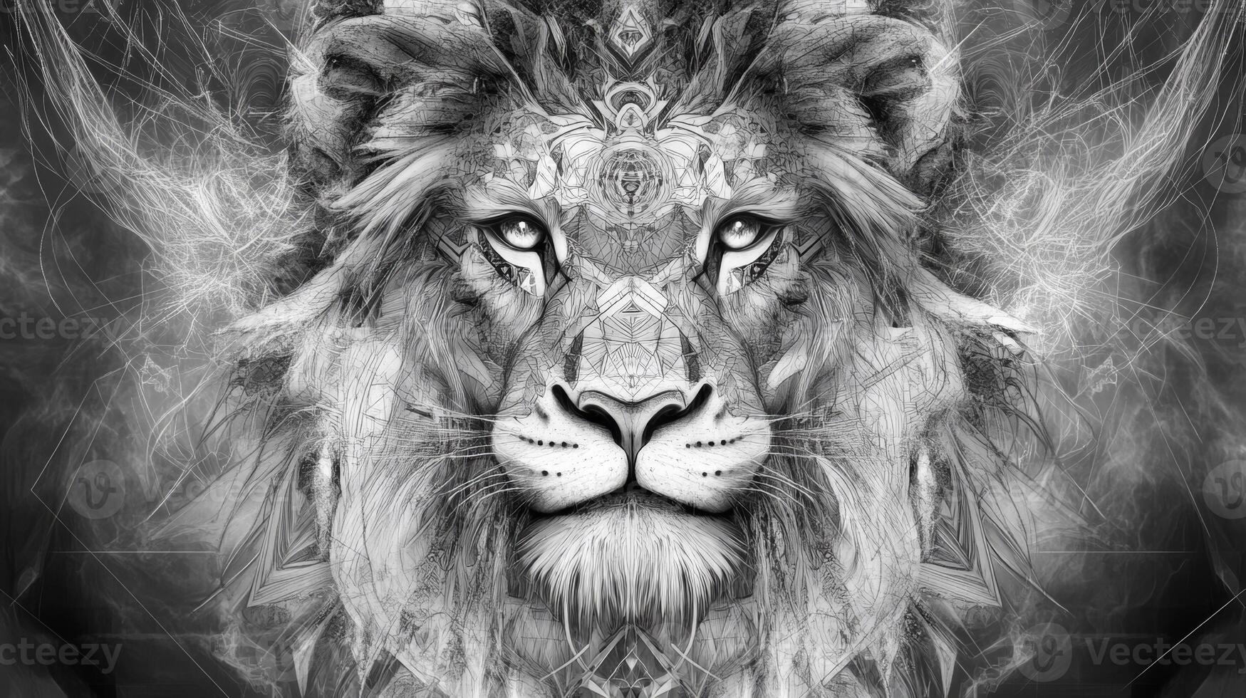 Intricate black and white sketch of a lion's face featuring geometric shapes and details, showcasing a majestic and powerful design photo