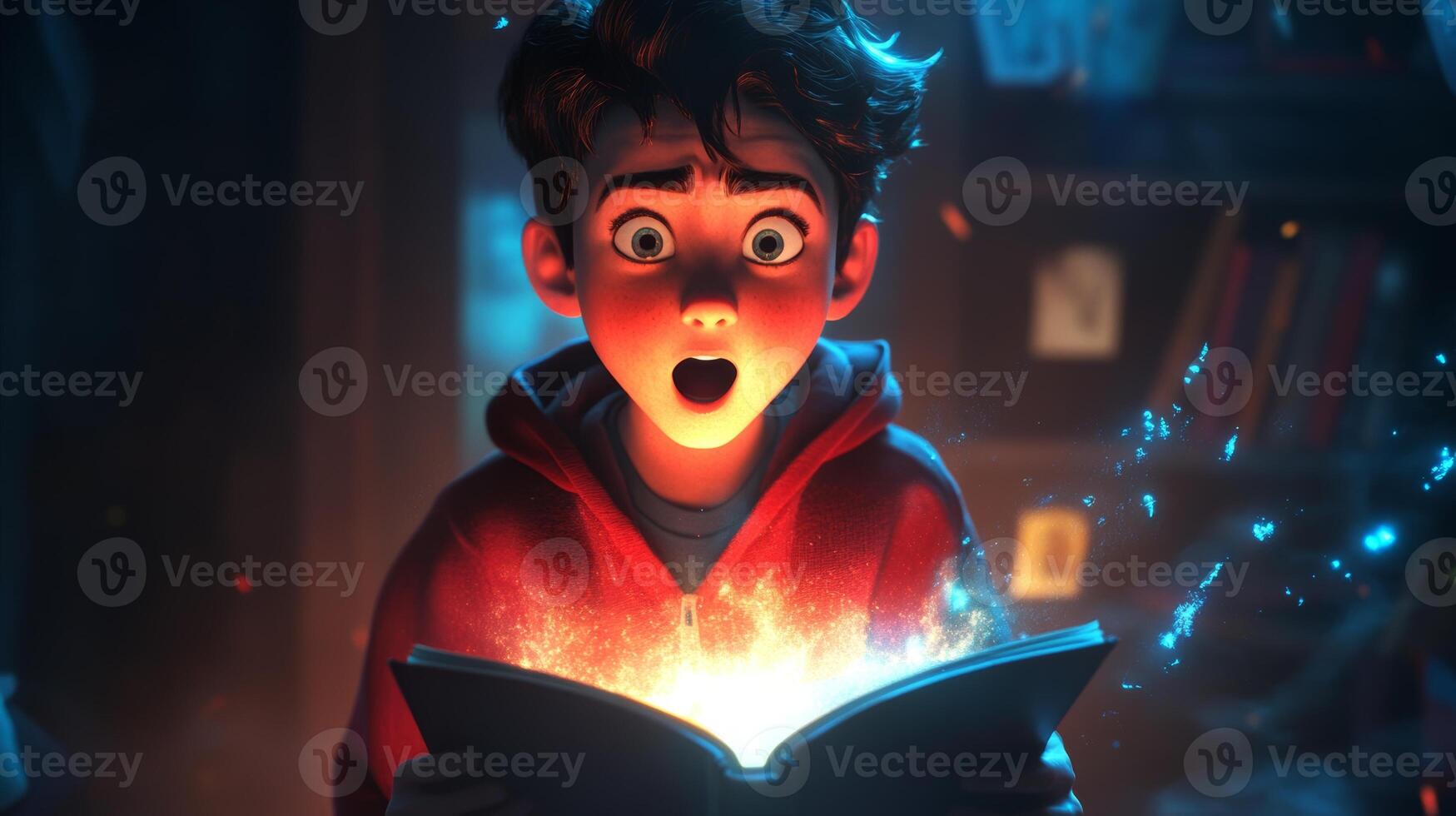 A boy marvels at a glowing book, discovering magic and wonder in a cozy room filled with adventure and dreams photo